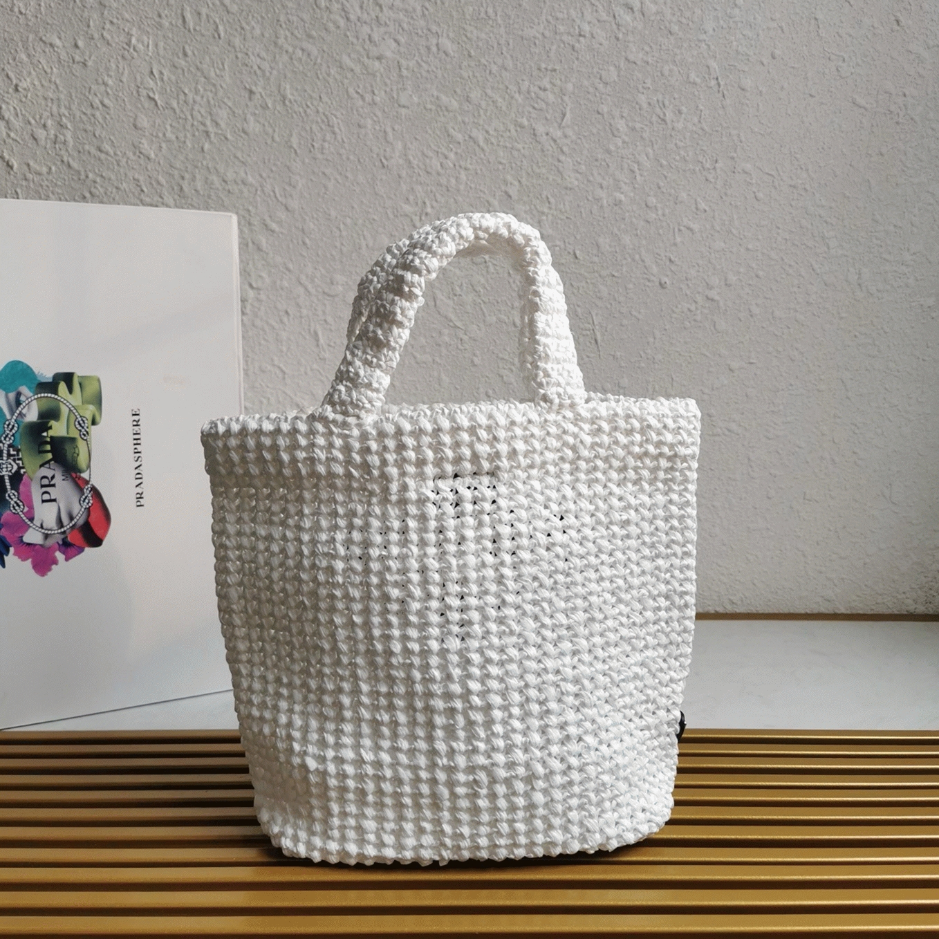 Pra*a Small Crochet Tote Bag Fake in White Raffia-effect Yarn
