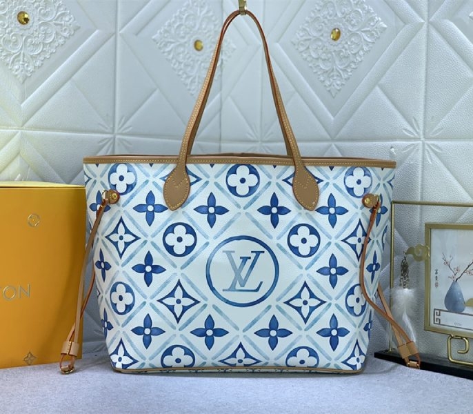L0vis Vvtt0n LV By The Pool Monogram Tiles Canvas Neverfull MM Tote In Lagoon Blue