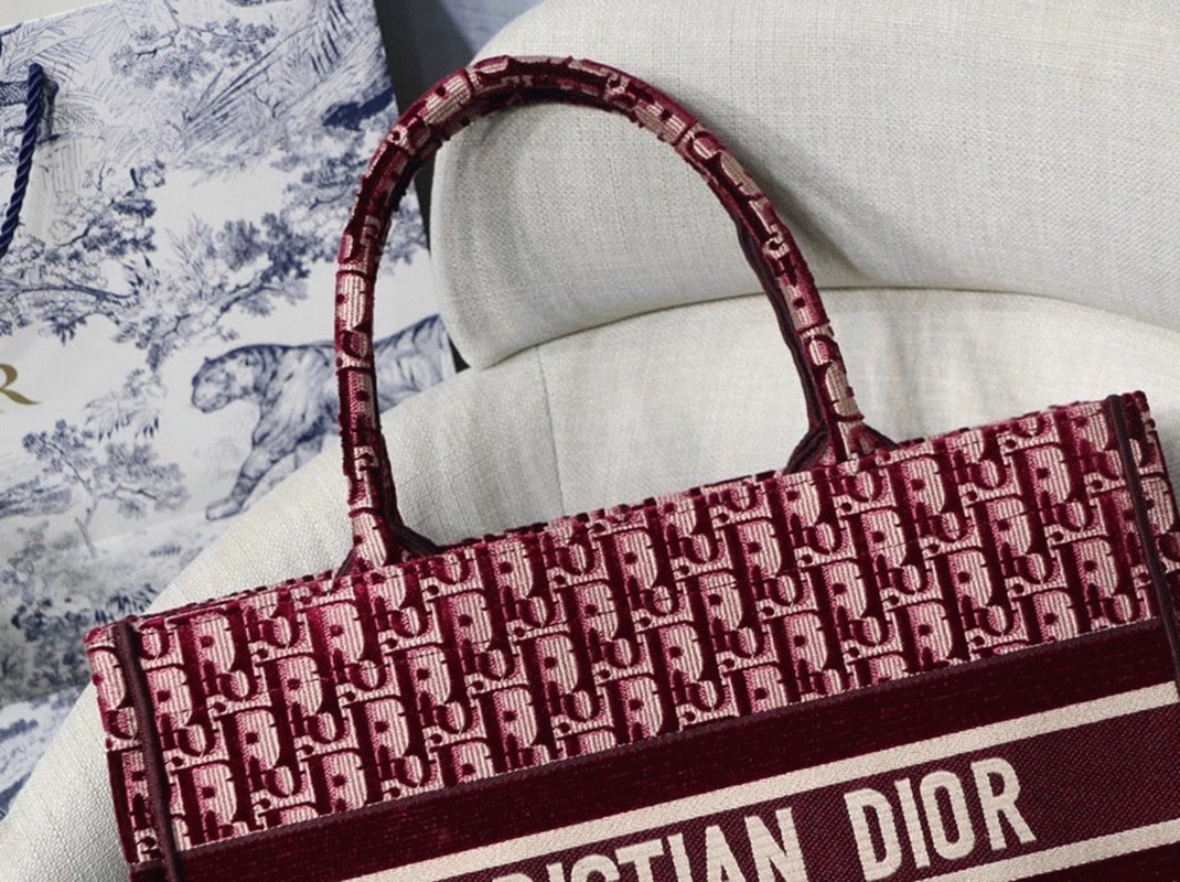D10r Medium Book Tote Bag Replica in Bordeaux Velvet Oblique Embroidered
