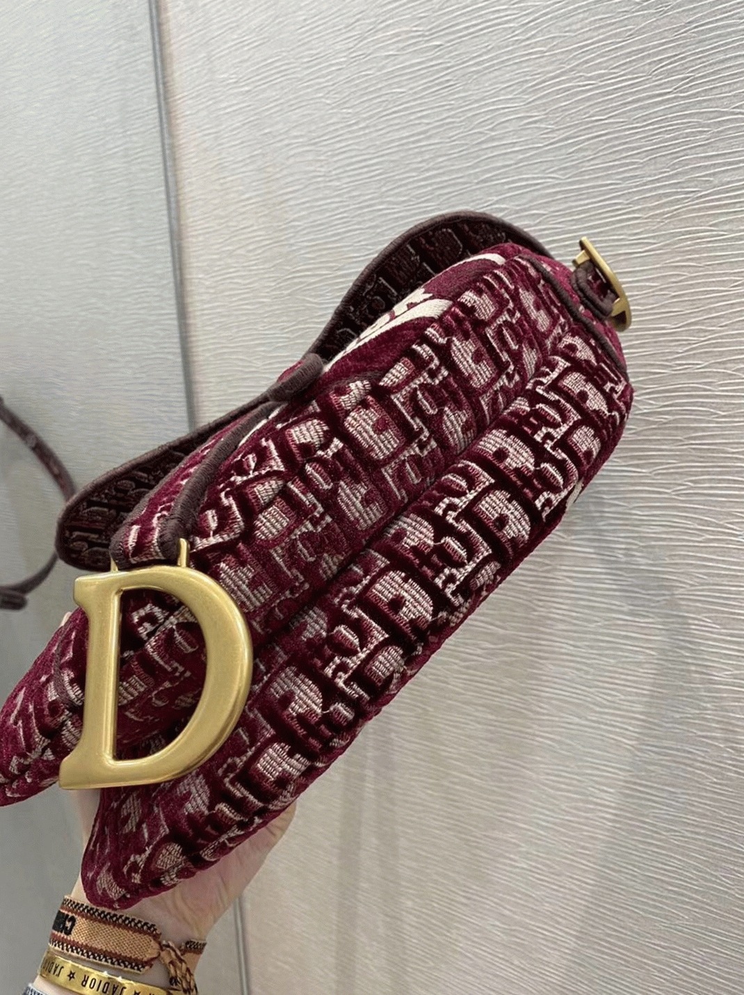 D10r Saddle Bag Faux in Bordeaux Velvet Oblique Embroidered