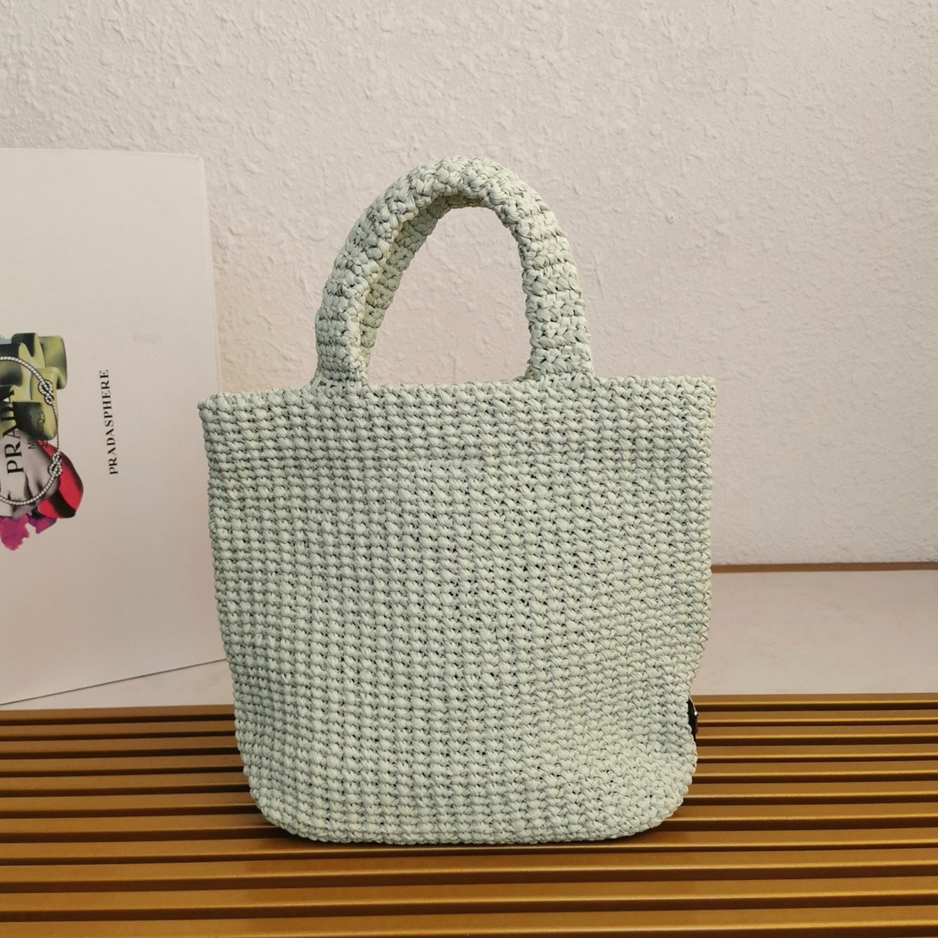 Pra*a Small Crochet Tote Bag Replica in Aqua Raffia-effect Yarn