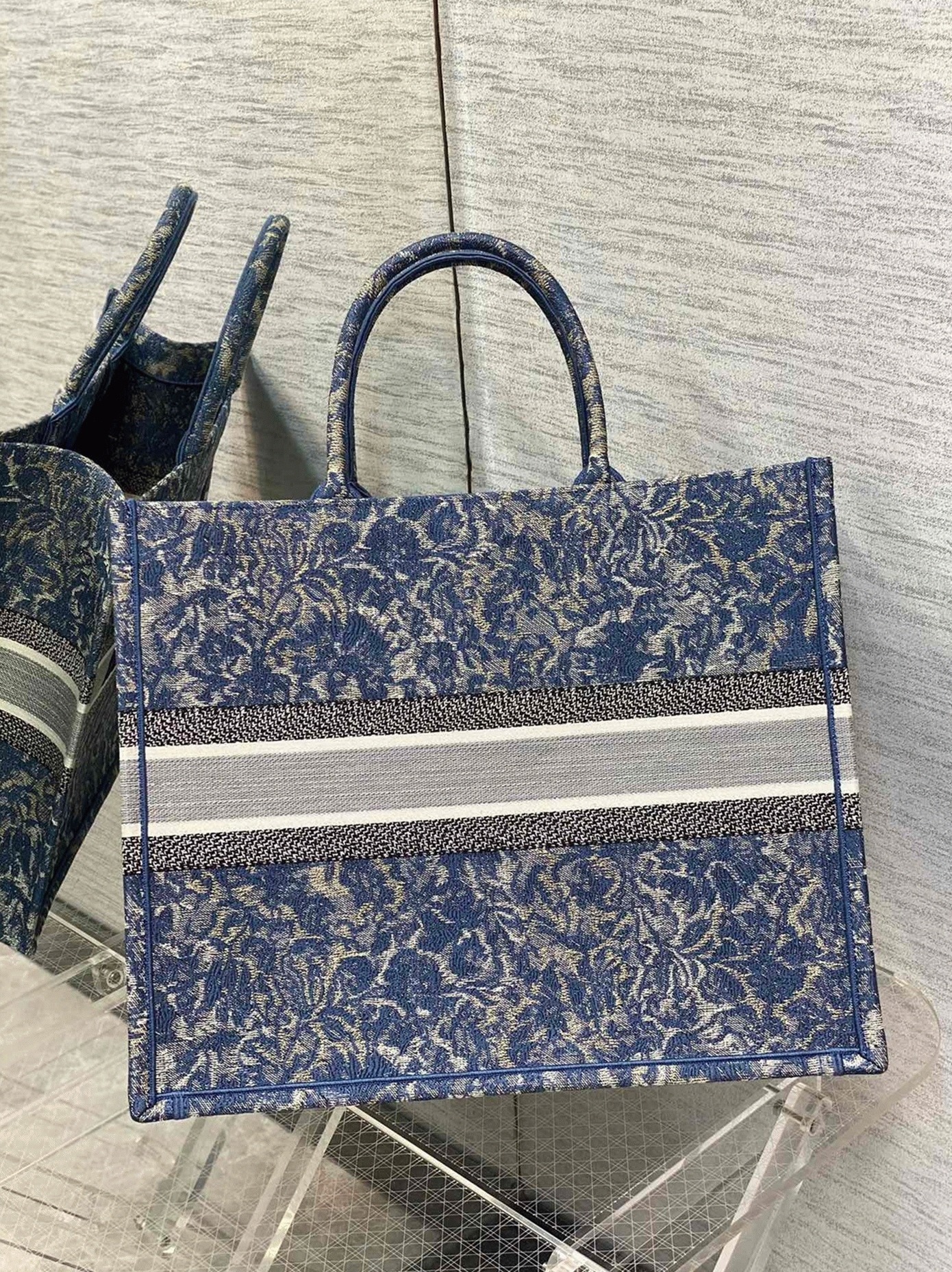 D10r Large Book Tote Bag Replica in Blue Brocart Denim-Effect Embroidery