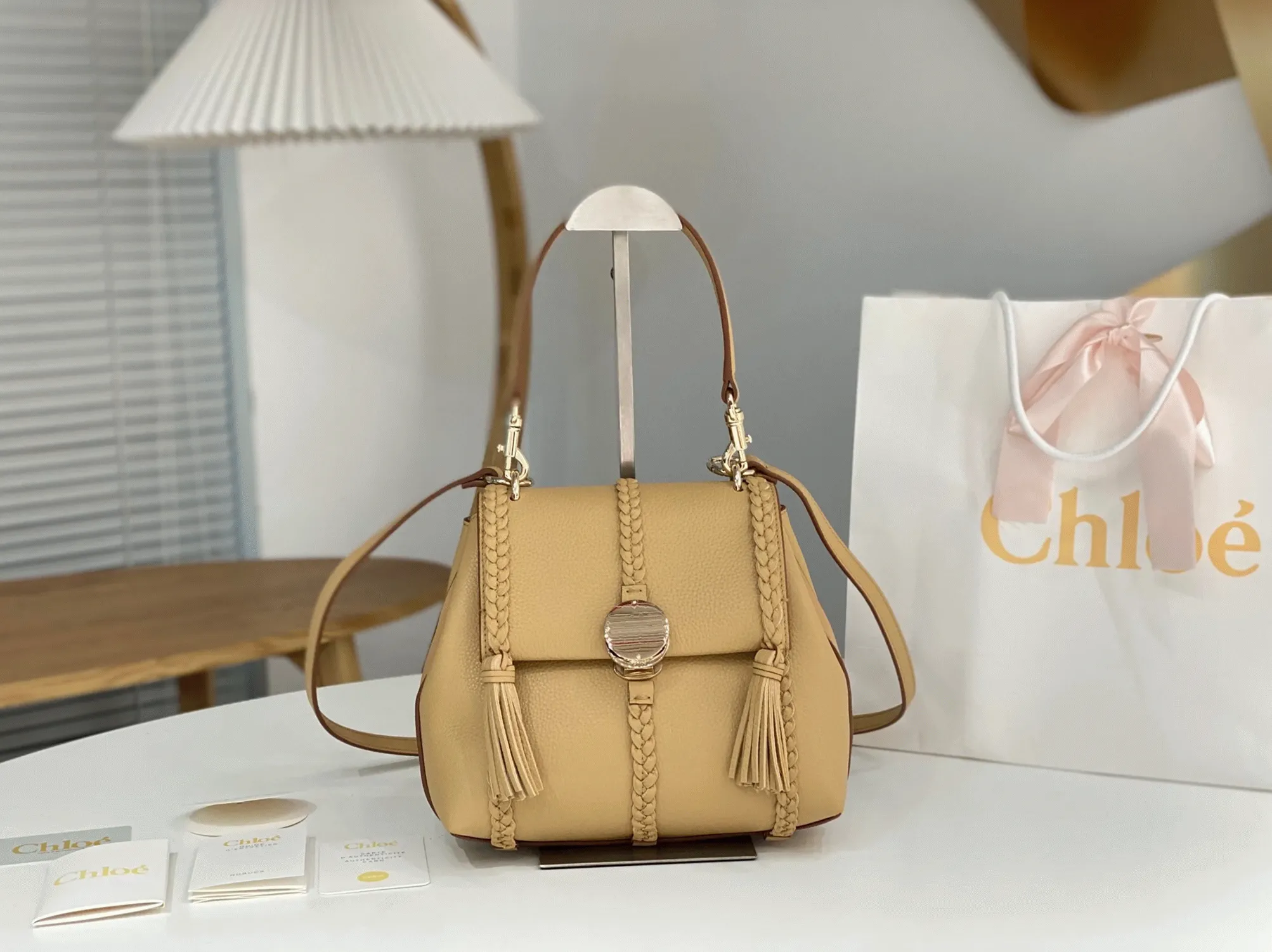 Top Quality Replica Chloe Penelope Small Shoulder Bag in Beige Grained Calfskin