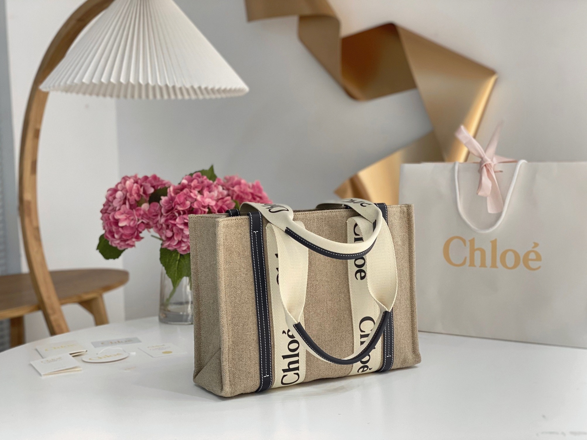 Top Quality Faux Chloe Woody Medium Tote Bag in Linen Canvas with Navy Blue Leather
