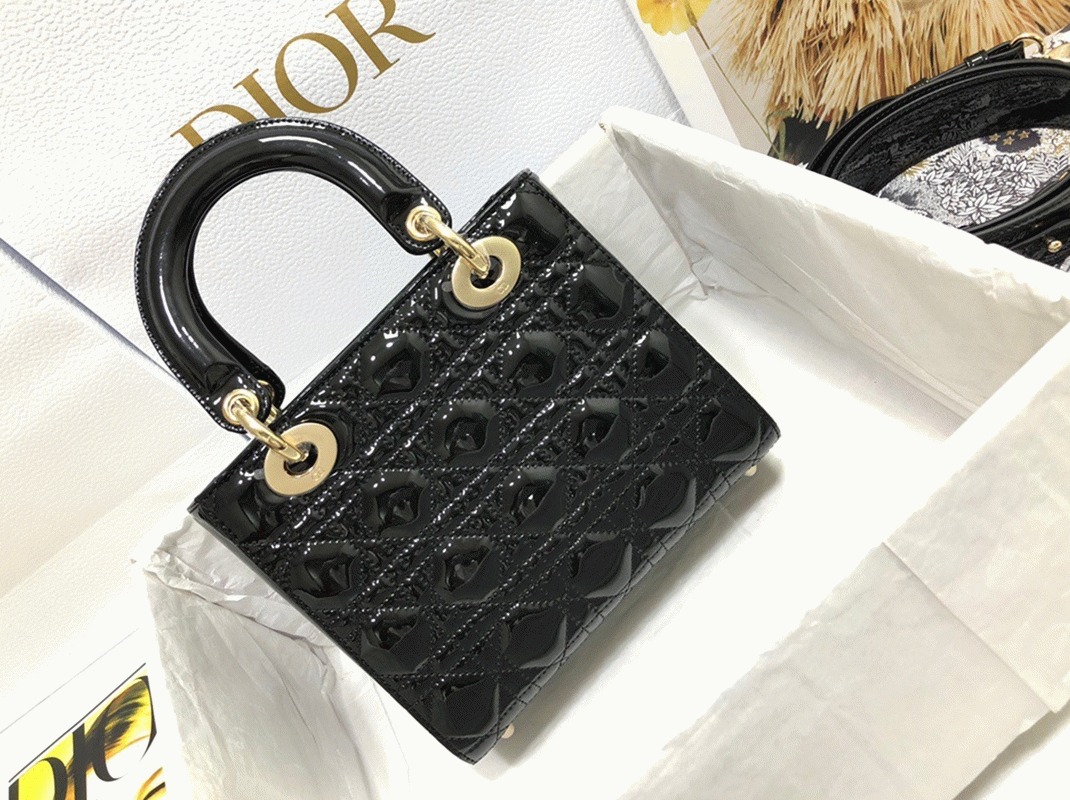 D10r Small Lady D10r Bag Knockoff in Black Patent Cannage Calfskin