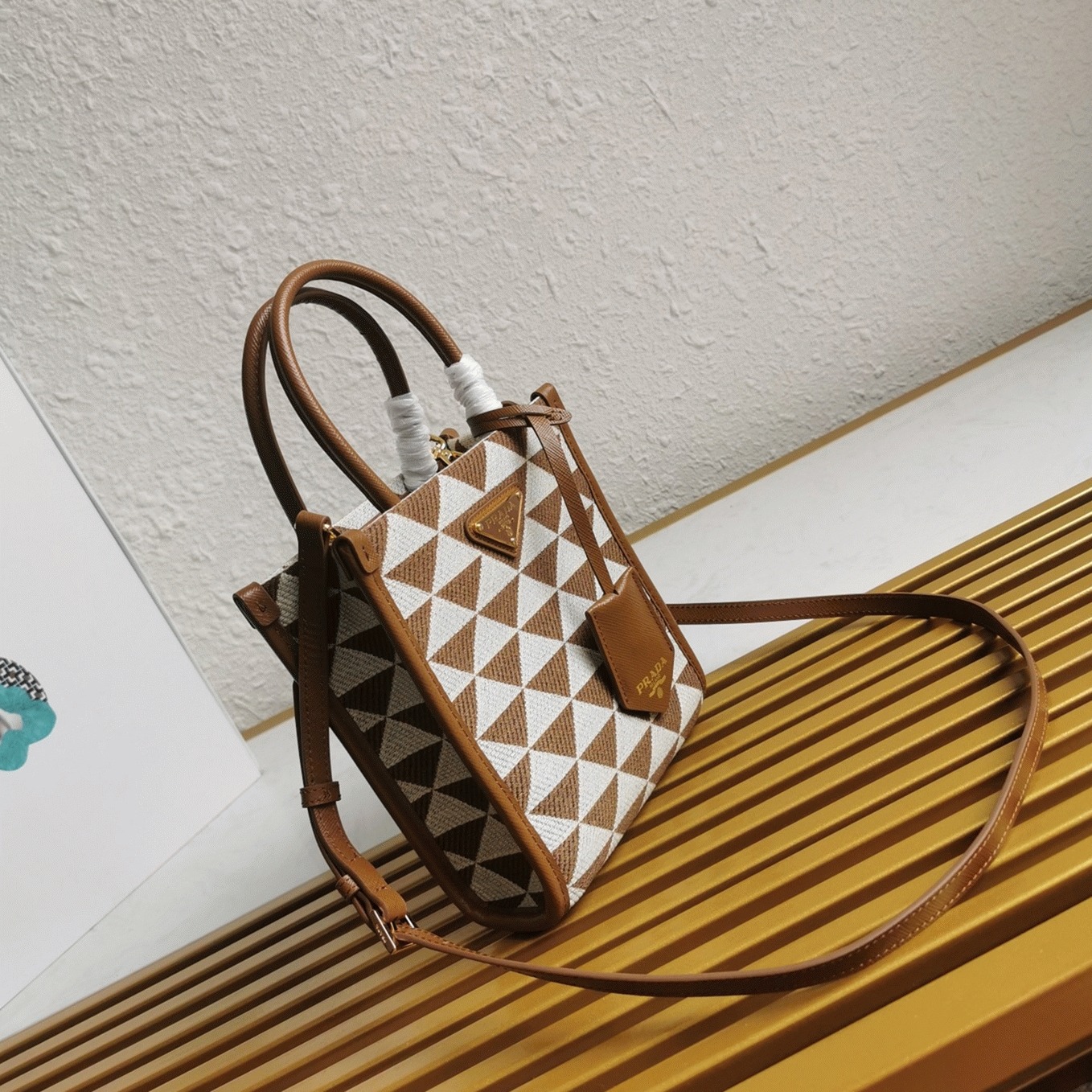 Pra*a Symbole Micro Bag Replica in White/Brown Jacquard Fabric