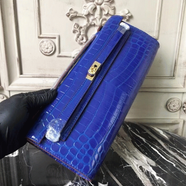Blue Electric Crocodile Replica H**me5 Kelly Cut Clutch Bold Statement