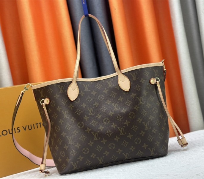L0vis Vvtt0n Neverfull Bandouliere Inside Out MM Tote In Monogram Canvas And Peony Pink Textile