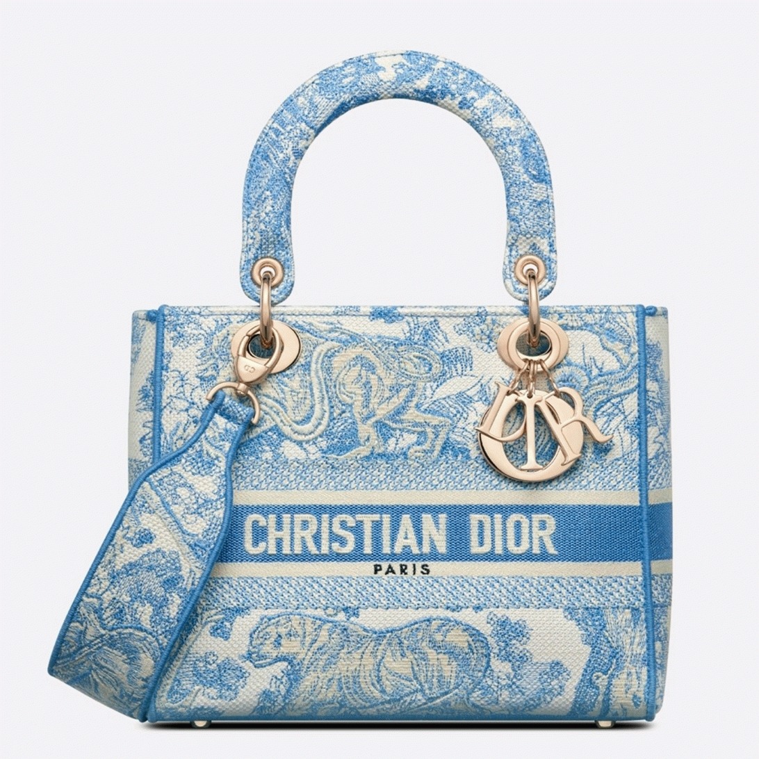 D10r Lady D-Lite Medium Bag Replica in Blue Toile de Jouy Canvas