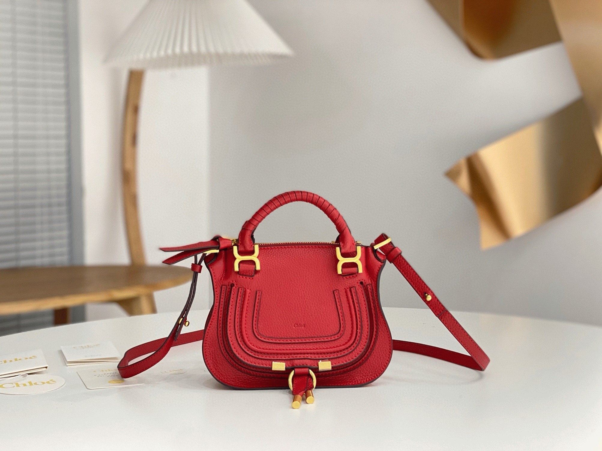 Red Grained Leather Chloe Marcie Mini Double Handle Fake Bag