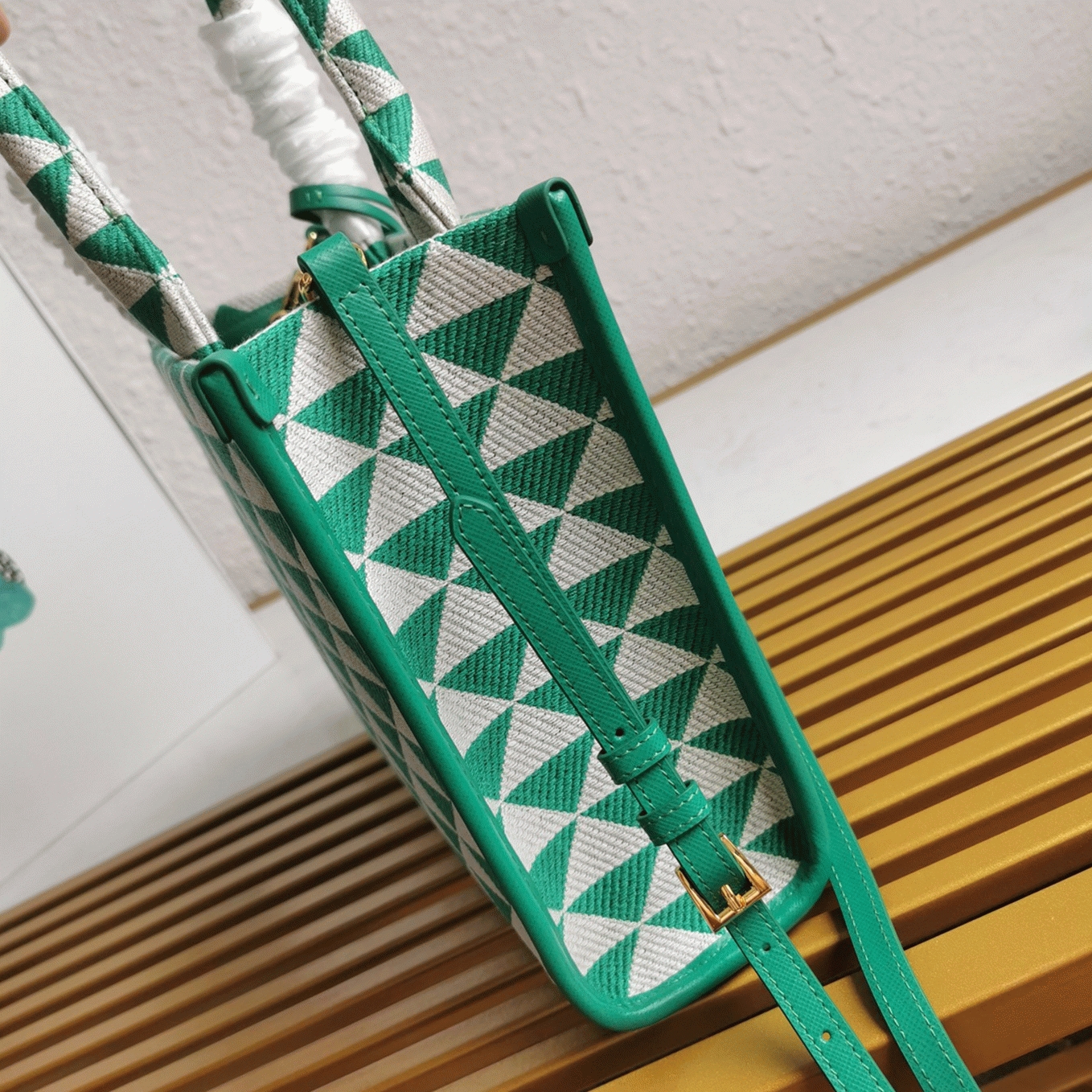 Pra*a Symbole Small Bag Replica in Green/White Jacquard Fabric