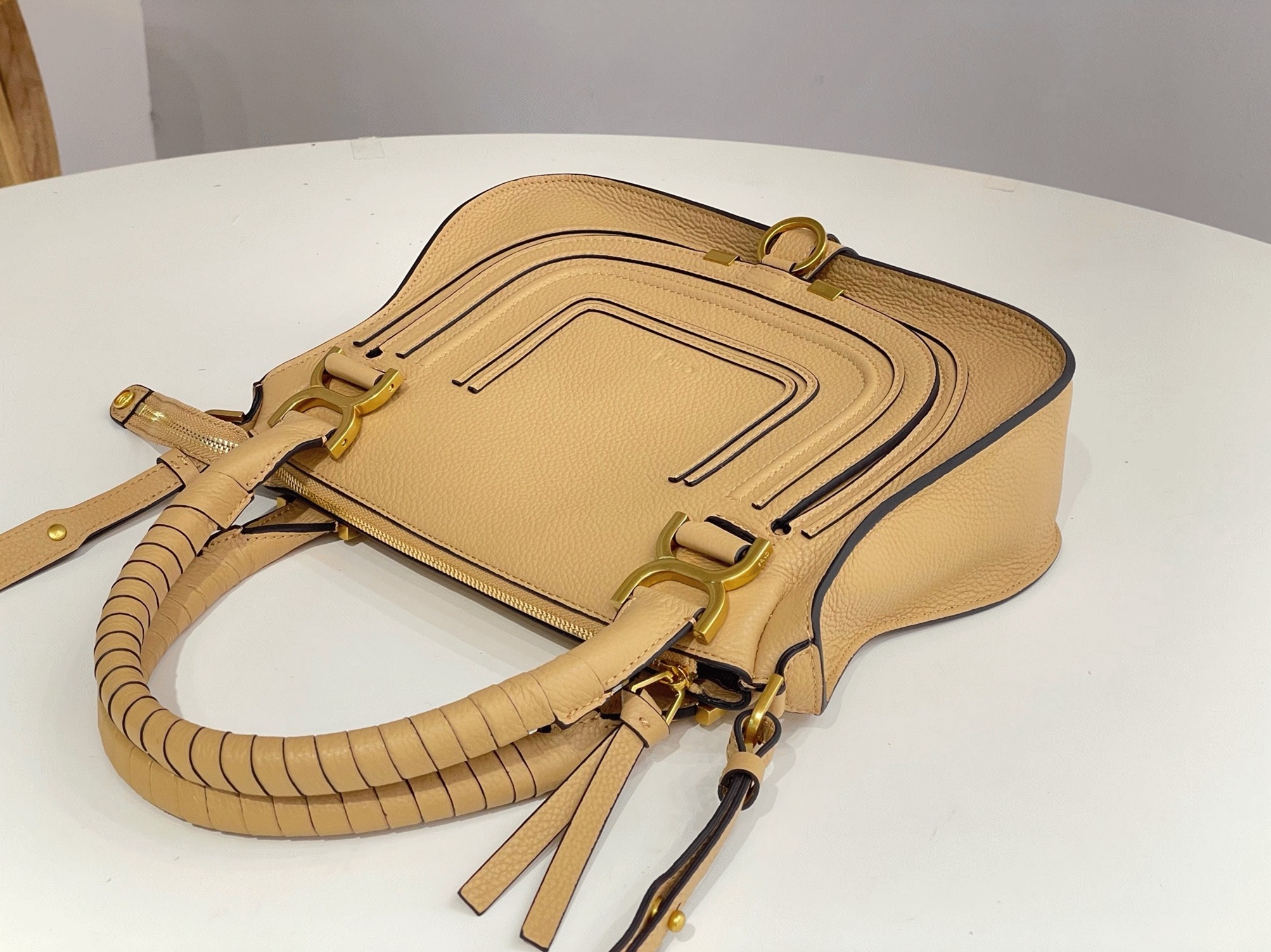 Top Quality Fake Chloe Marcie Small Double Carry Bag in Beige Grained Leather