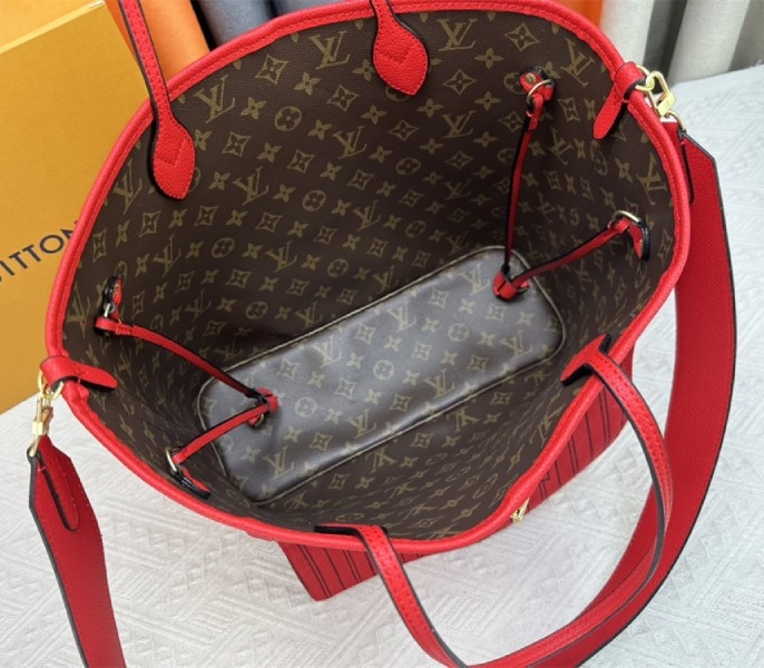 L0vis Vvtt0n Neverfull Bandouliere Inside Out MM Tote In Monogram Canvas And Rouge Sari Textile