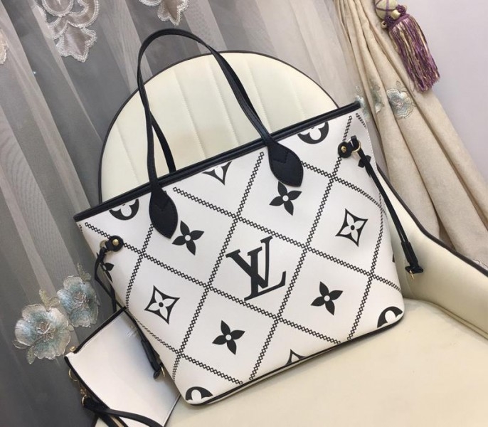 L0vis Vvtt0n Spring 2022 Monogram Empreinte Neverfull MM Tote In Cream