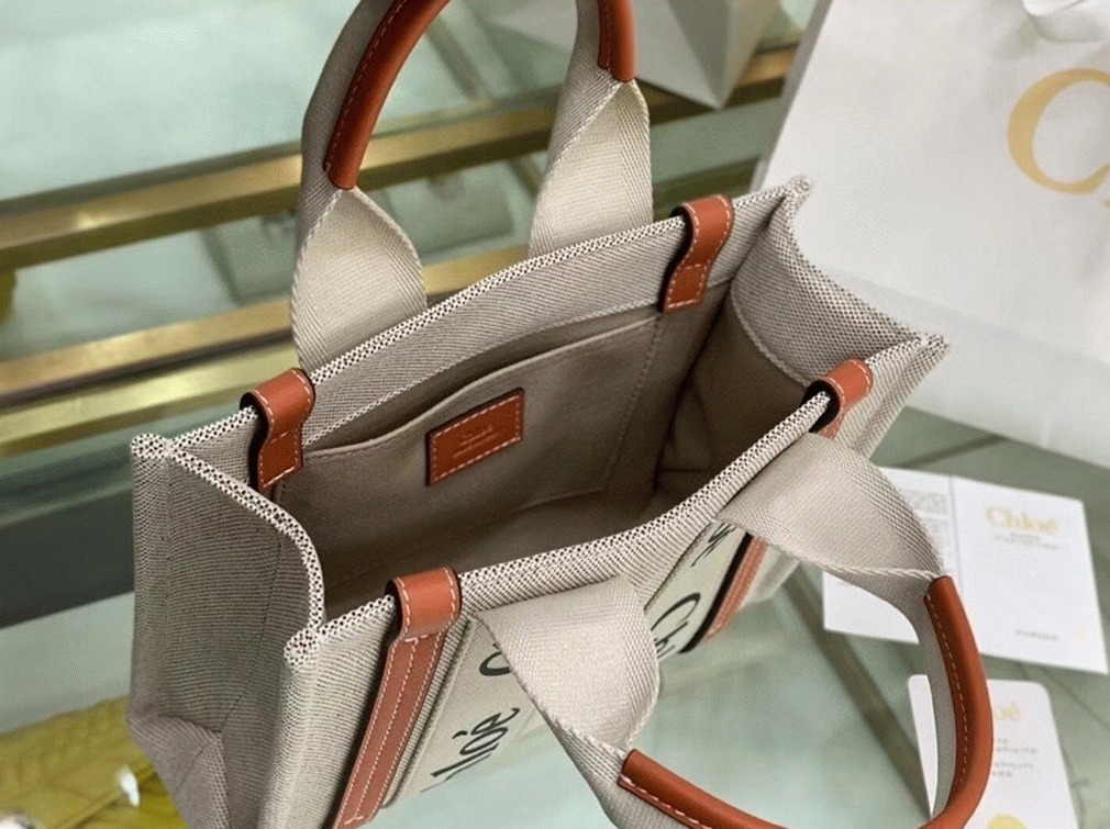 Top Quality Knockoff Chloe Small Woody Tote Bag in Canvas with Brown Leather Strips