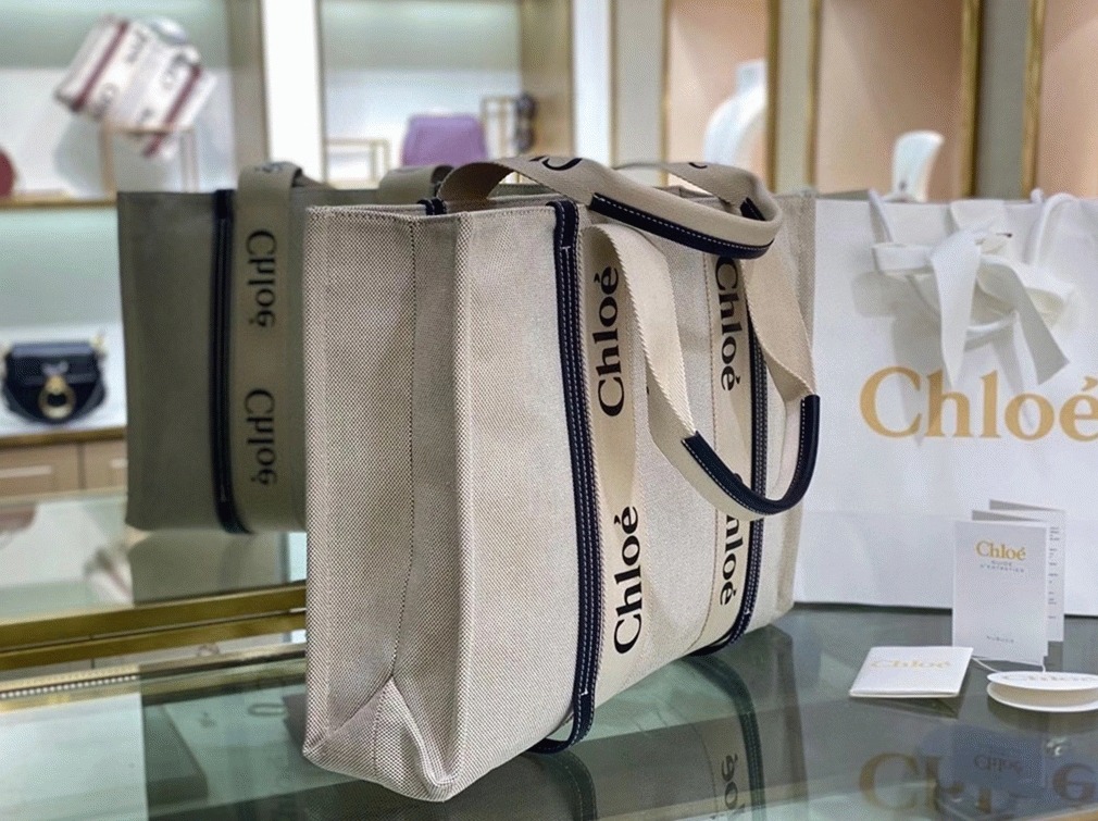 Top Quality Replica Chloe Large Woody Tote Bag in Canvas with Blue Leather Strips