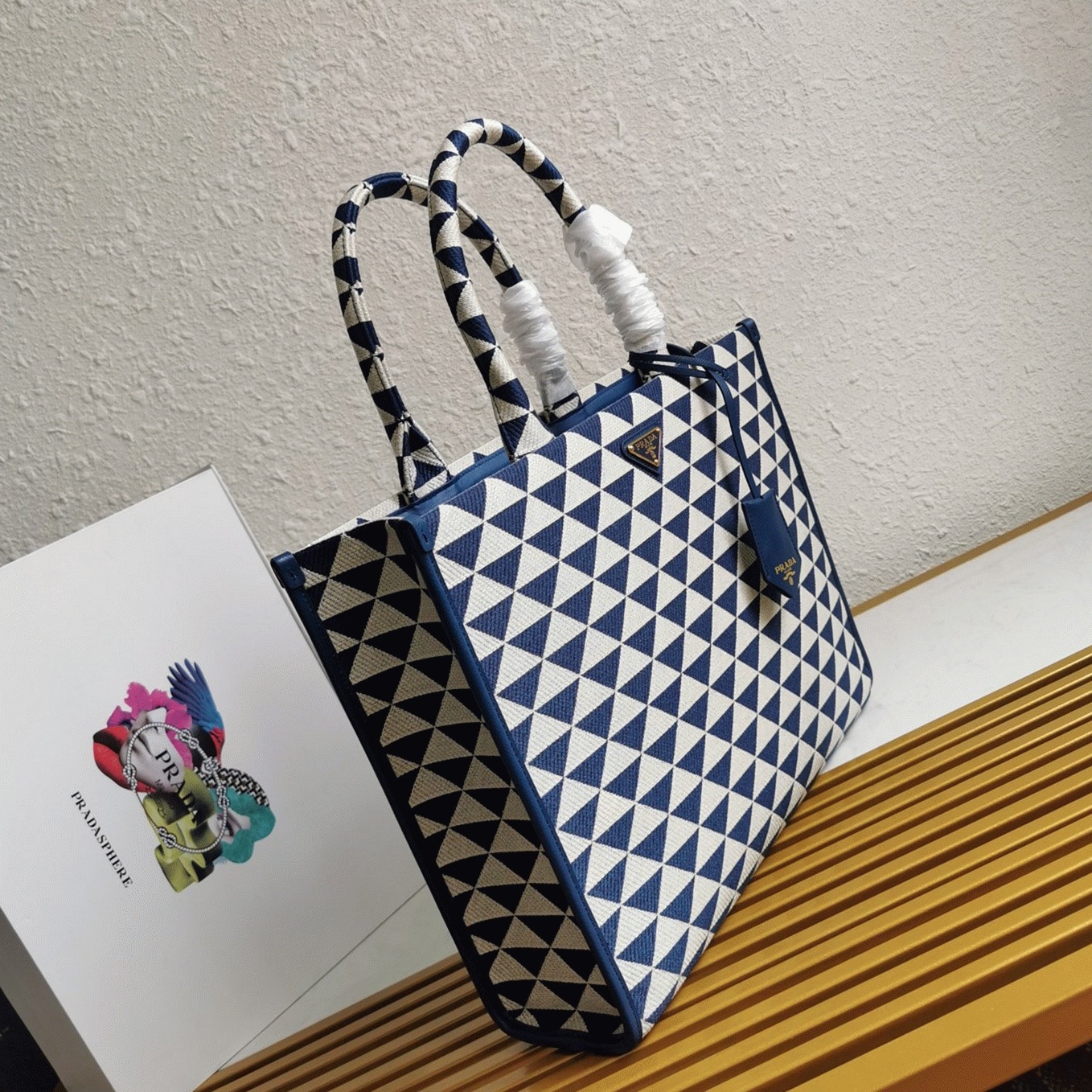 Pra*a Symbole Large Bag Fake in White/Blue Jacquard Fabric