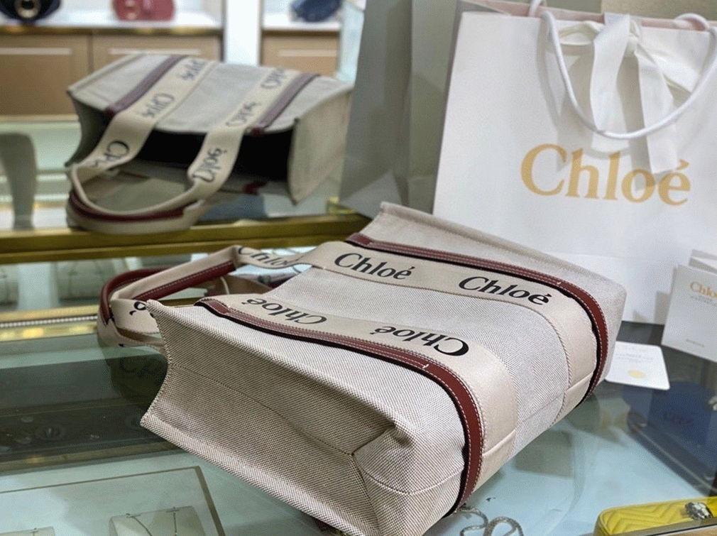 Top Quality Faux Chloe Medium Woody Tote Bag in Canvas with Brown Leather Strips