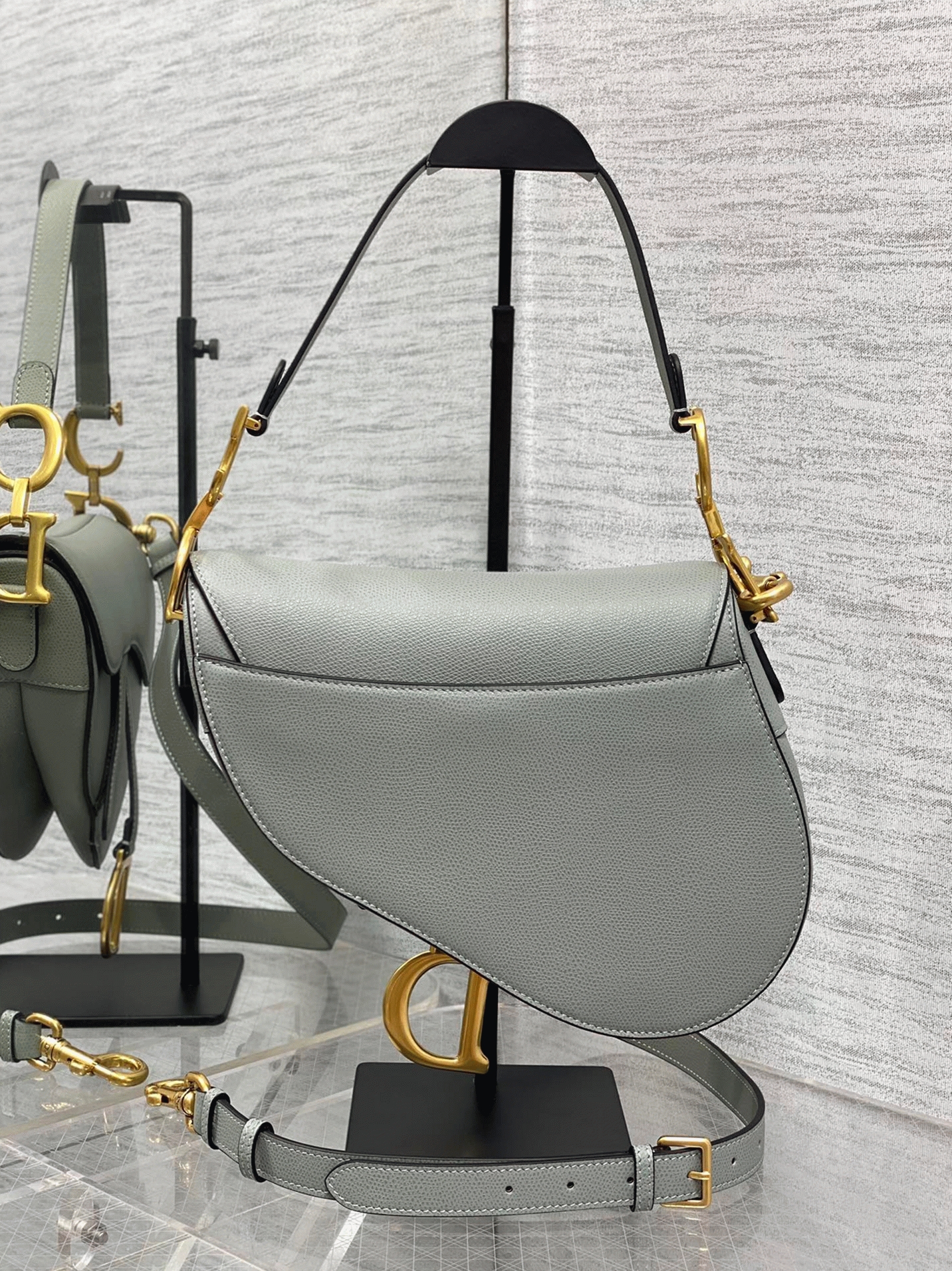 D10r Saddle Bag with Strap Fake in Grey Stone Grained Calfskin