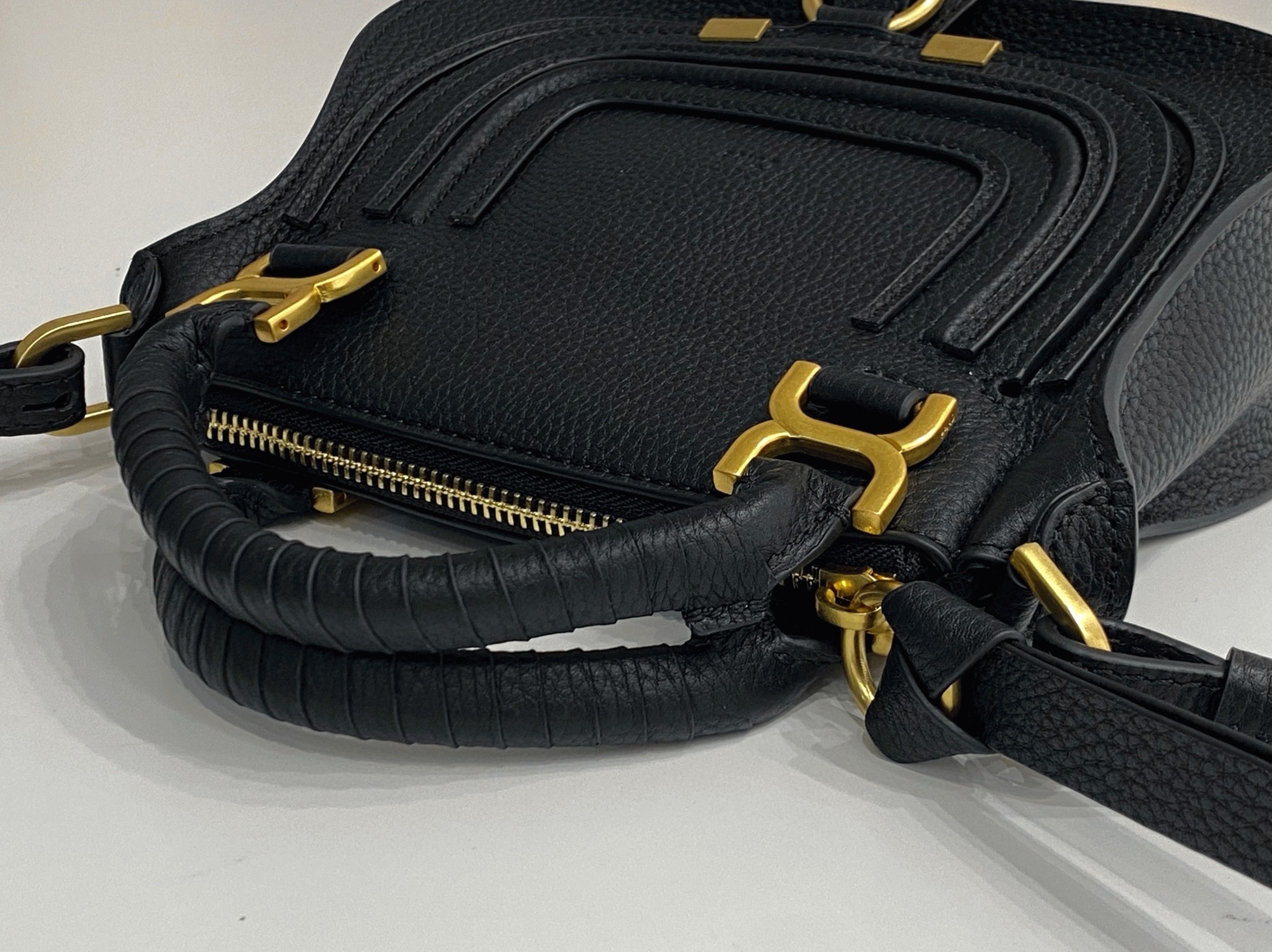 Top Quality Knockoff Chloe Marcie Mini Double Carry Bag in Black Grained Leather