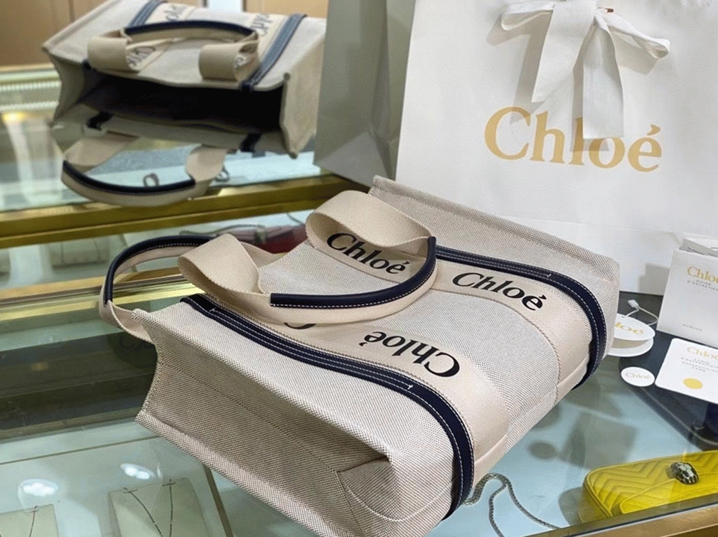 Top Quality Knockoff Chloe Medium Woody Tote Bag in Canvas with Blue Leather Strips