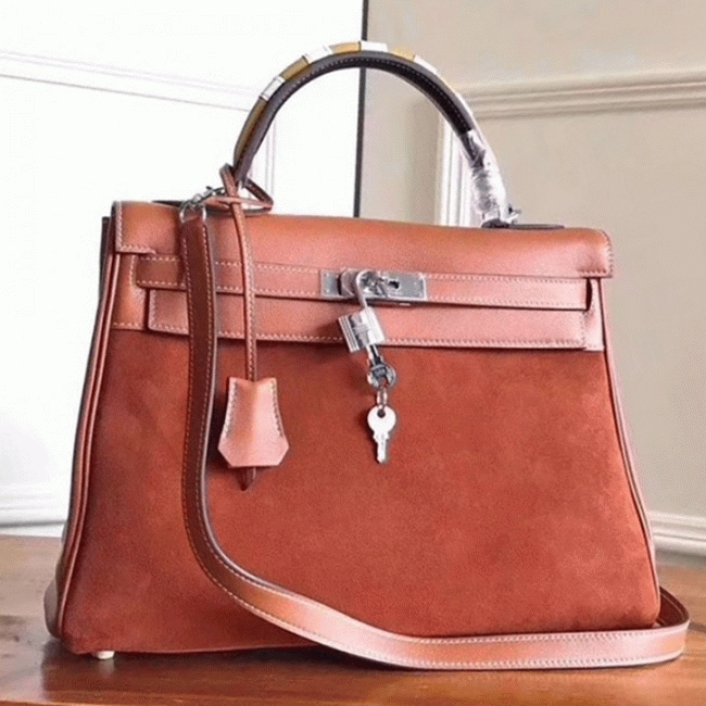 Brown Suede Fake H**me5 Kelly 32cm Bag with Zigzag Handle