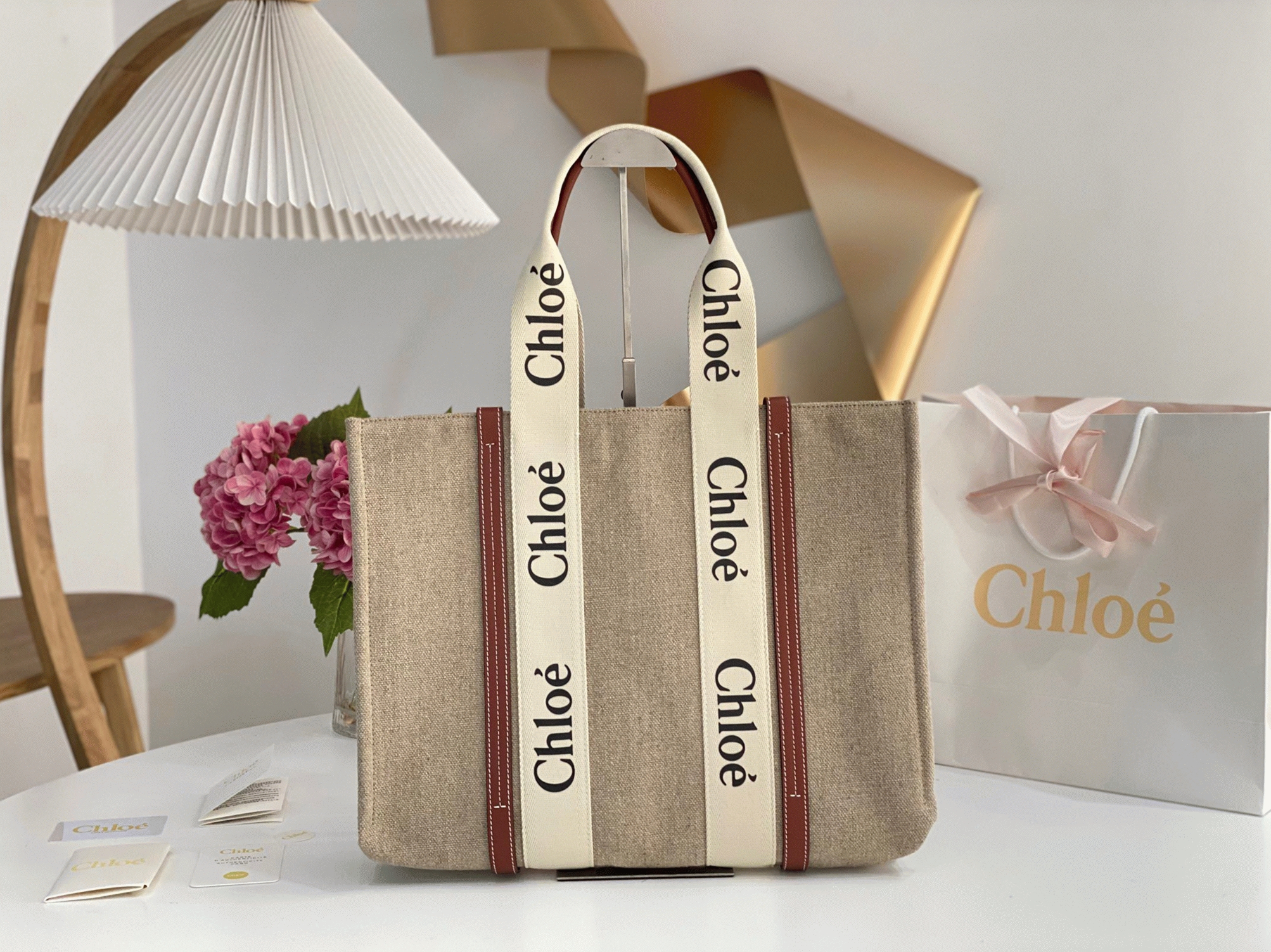 Top Quality Fake Chloe Medium Woody Tote Bag in Canvas with Tan Leather Strips