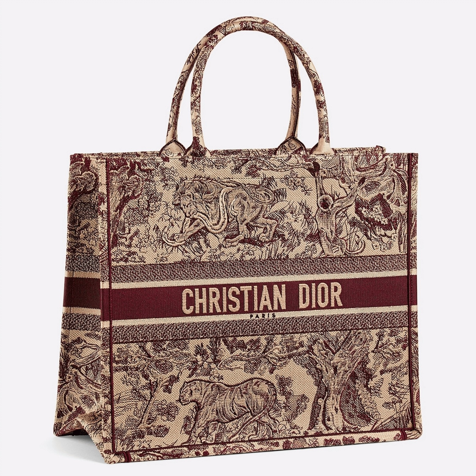 D10r Large Book Tote Bag Fake in Bordeaux Toile de Jouy Embroidery