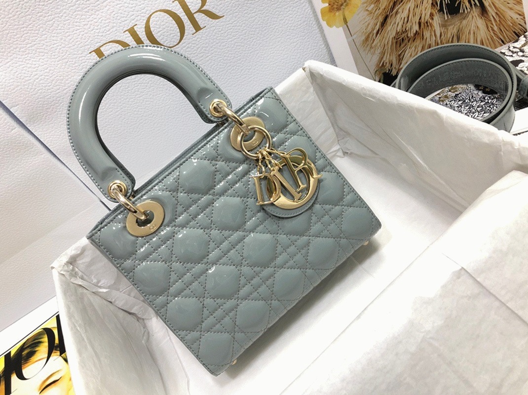 D10r Small Lady D10r Bag Replica in Grey Patent Cannage Calfskin