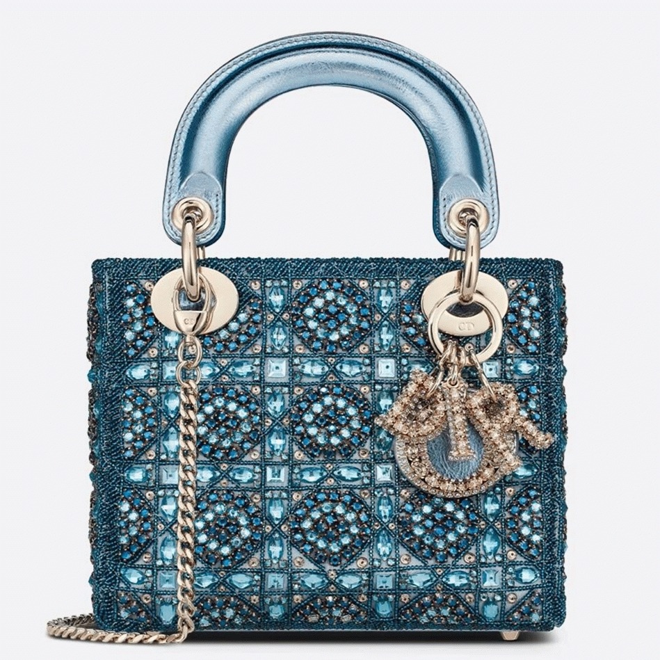 D10r Lady D10r Mini Chain Bag Replica in Satin with Blue Bead Embroidery