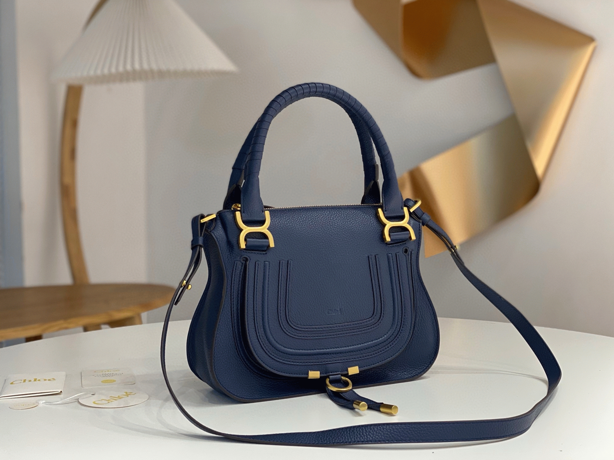 Top Quality Fake Chloe Marcie Small Double Carry Bag in Blue Grained Leather