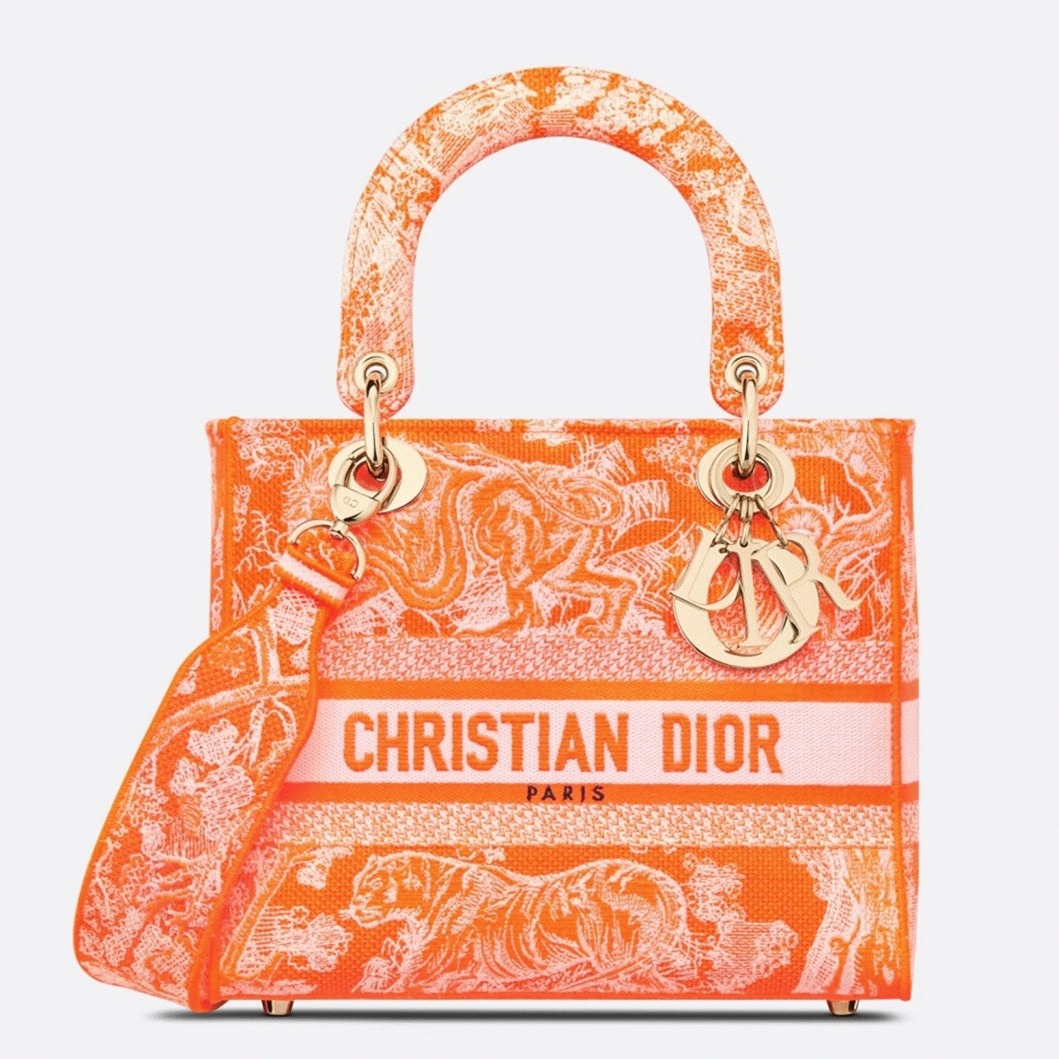 D10r Lady D-Lite Medium Bag Fake in Fluorescent Orange Toile de Jouy Reverse Embroidery