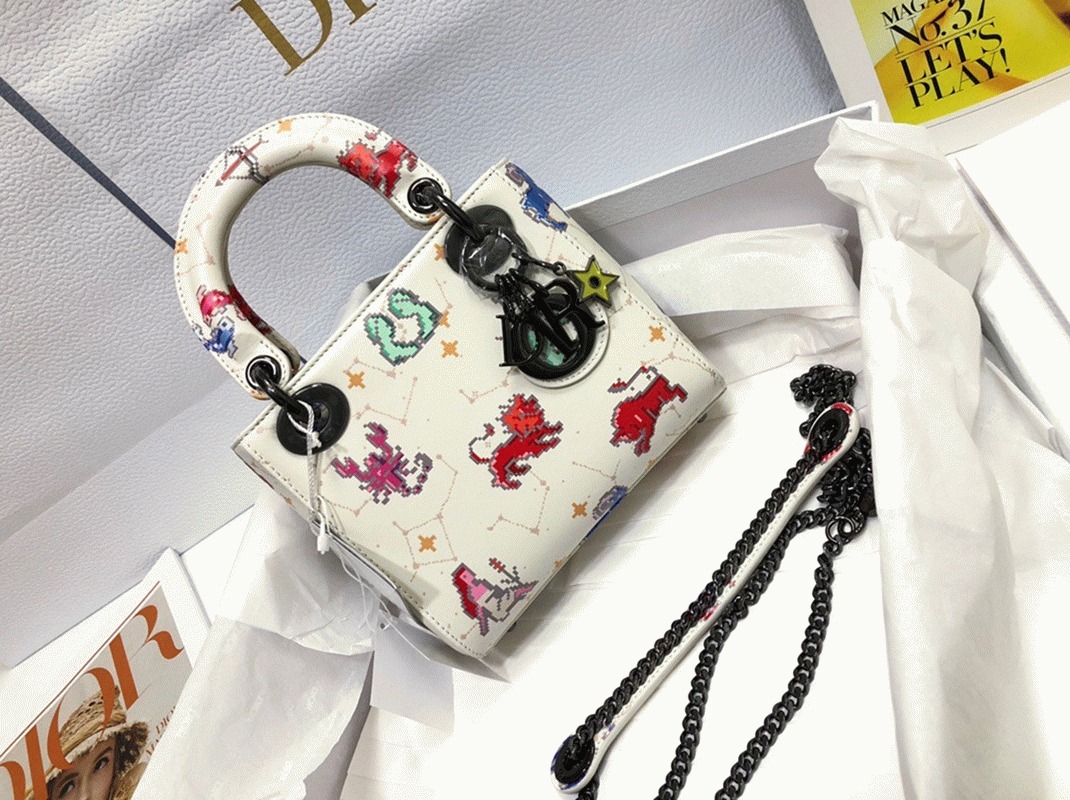 D10r Lady D10r Mini Bag Fake in White Calfskin with Pixel Zodiac Print
