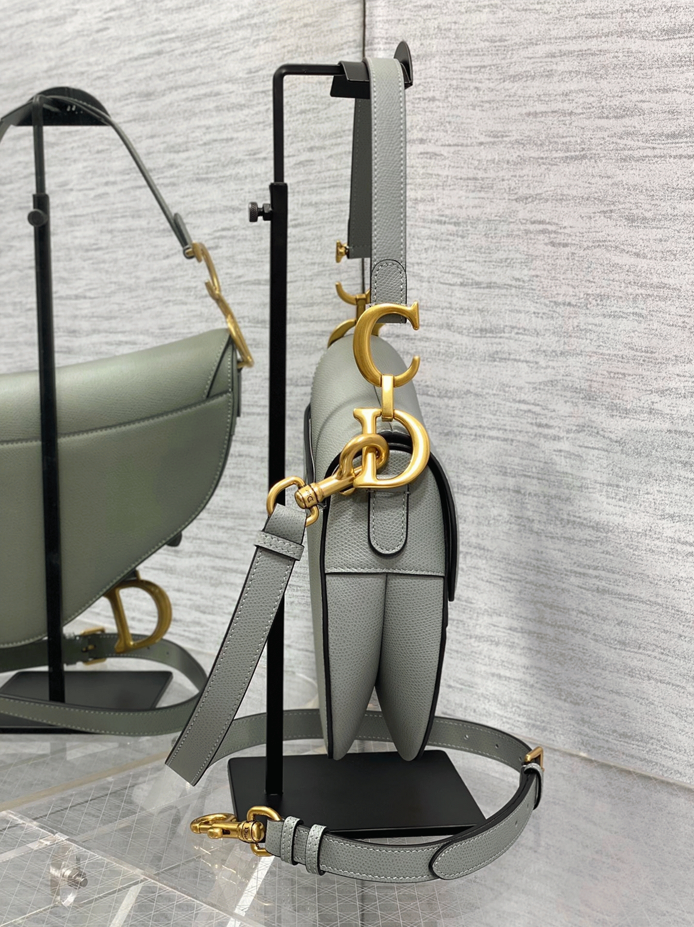 D10r Saddle Bag with Strap Fake in Grey Stone Grained Calfskin