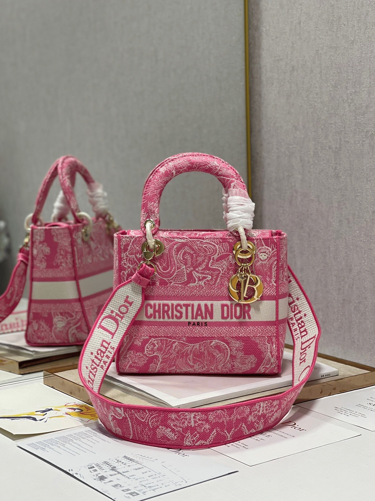 D10r Lady D-Lite Medium Bag Replica in Fluorescent Pink Toile de Jouy Reverse Embroidery