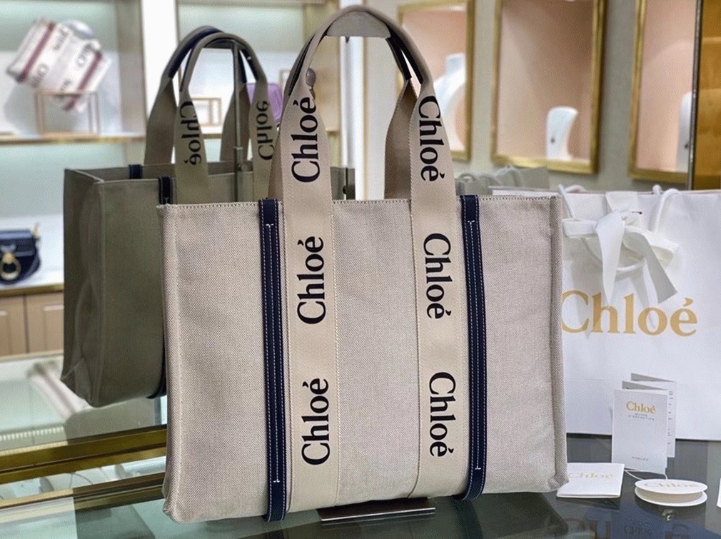 Top Quality Replica Chloe Large Woody Tote Bag in Canvas with Blue Leather Strips