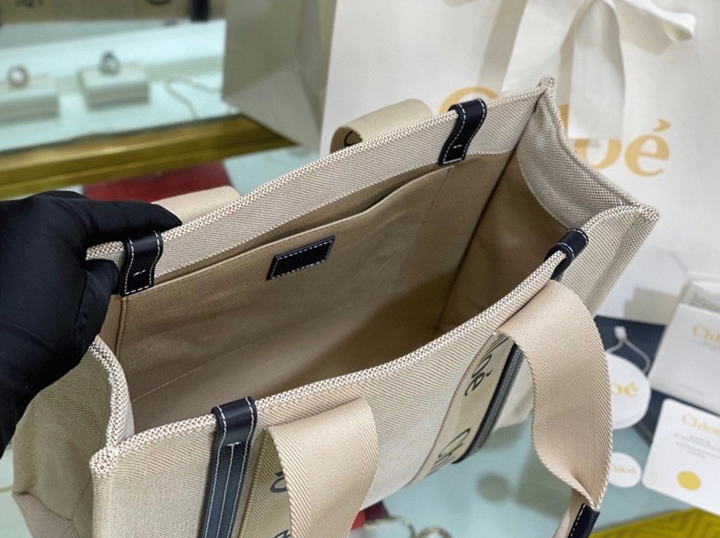 Top Quality Knockoff Chloe Medium Woody Tote Bag in Canvas with Blue Leather Strips