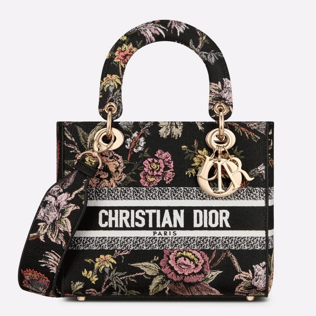 D10r Lady D-Lite Medium Bag Replica in Black Jardin Botanique Embroidery