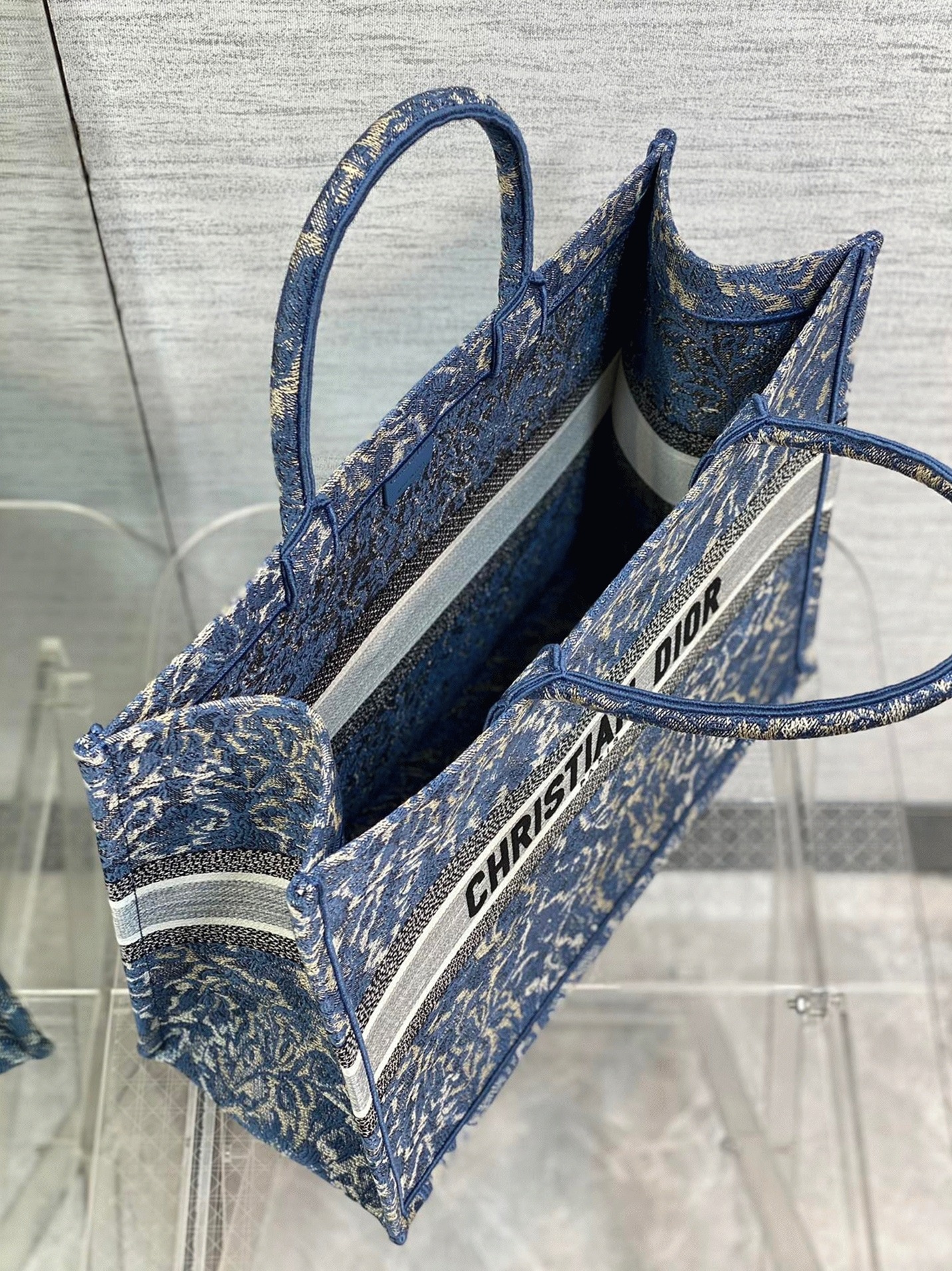 D10r Large Book Tote Bag Replica in Blue Brocart Denim-Effect Embroidery