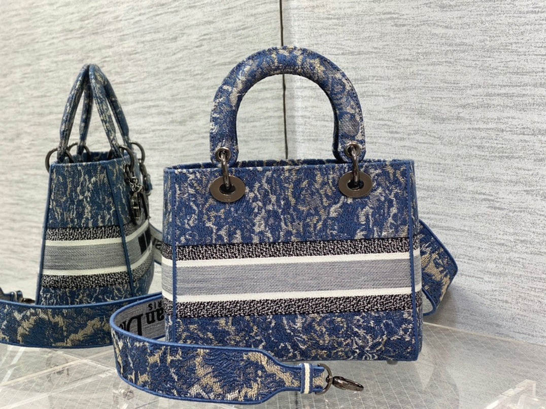 D10r Lady D-Lite Medium Bag Replica in Blue Brocart Denim-Effect Embroidery
