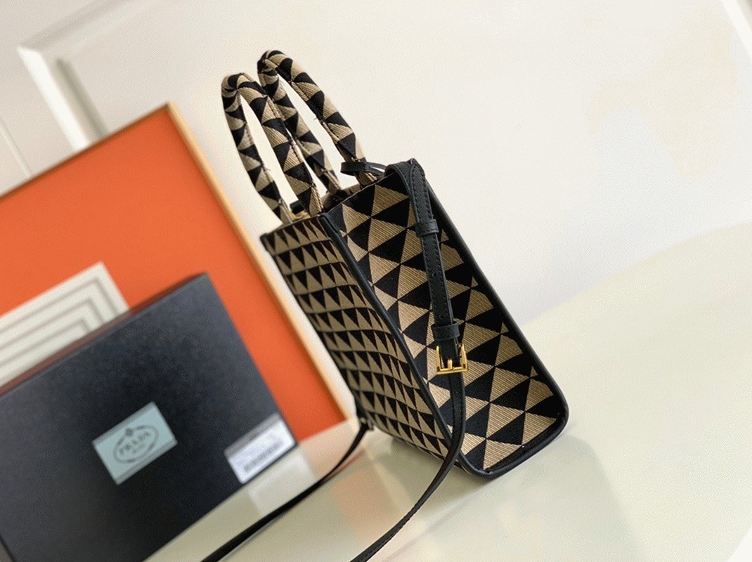 Pra*a Symbole Small Bag Replica in Black/Beige Jacquard Fabric