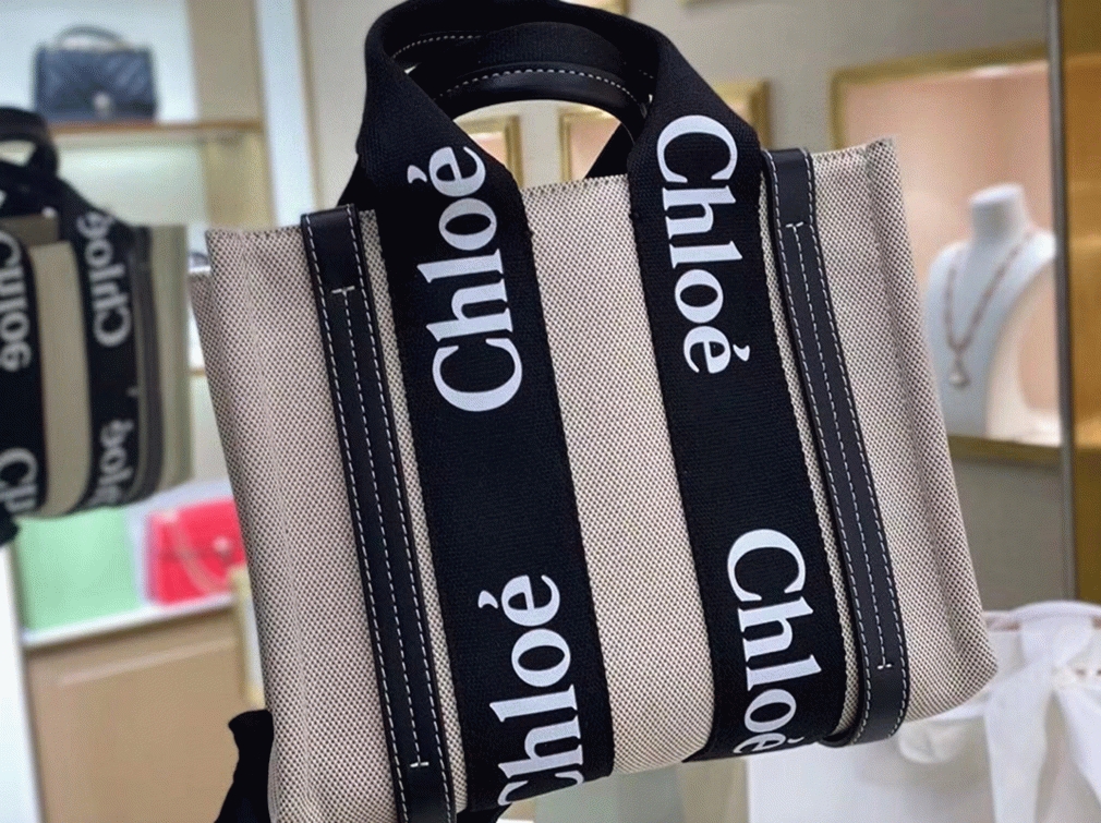 Top Quality Replica Chloe Small Woody Tote Bag in Canvas with Black Leather Strips