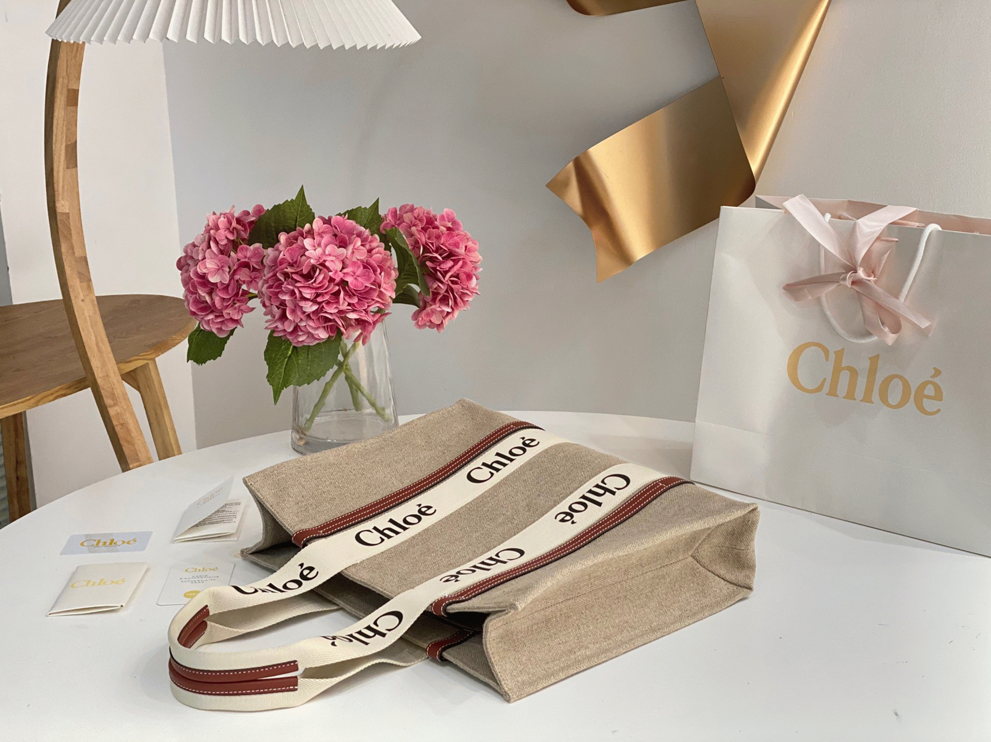 Top Quality Fake Chloe Medium Woody Tote Bag in Canvas with Tan Leather Strips