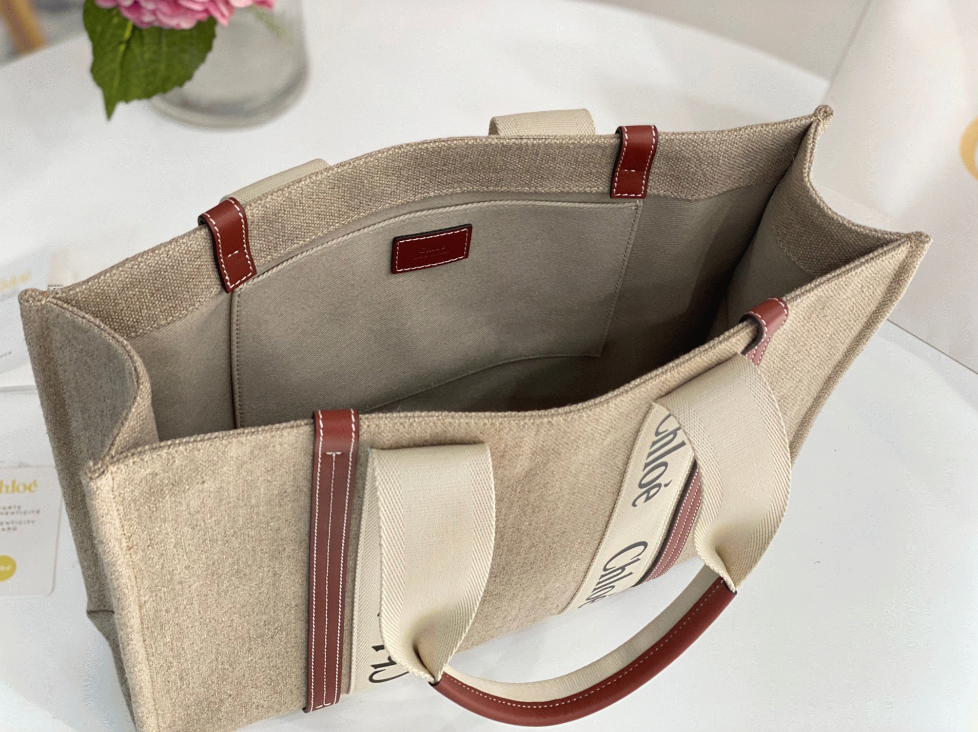 Top Quality Fake Chloe Medium Woody Tote Bag in Canvas with Tan Leather Strips