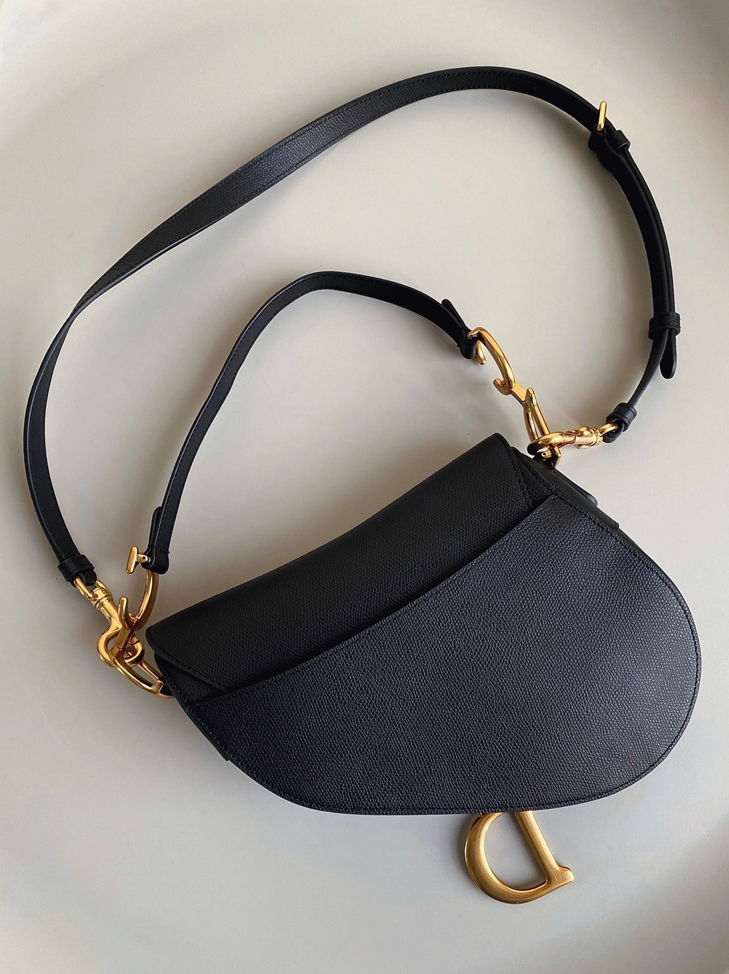 D10r Saddle Bag with Strap Fake in Black Grained Calfskin