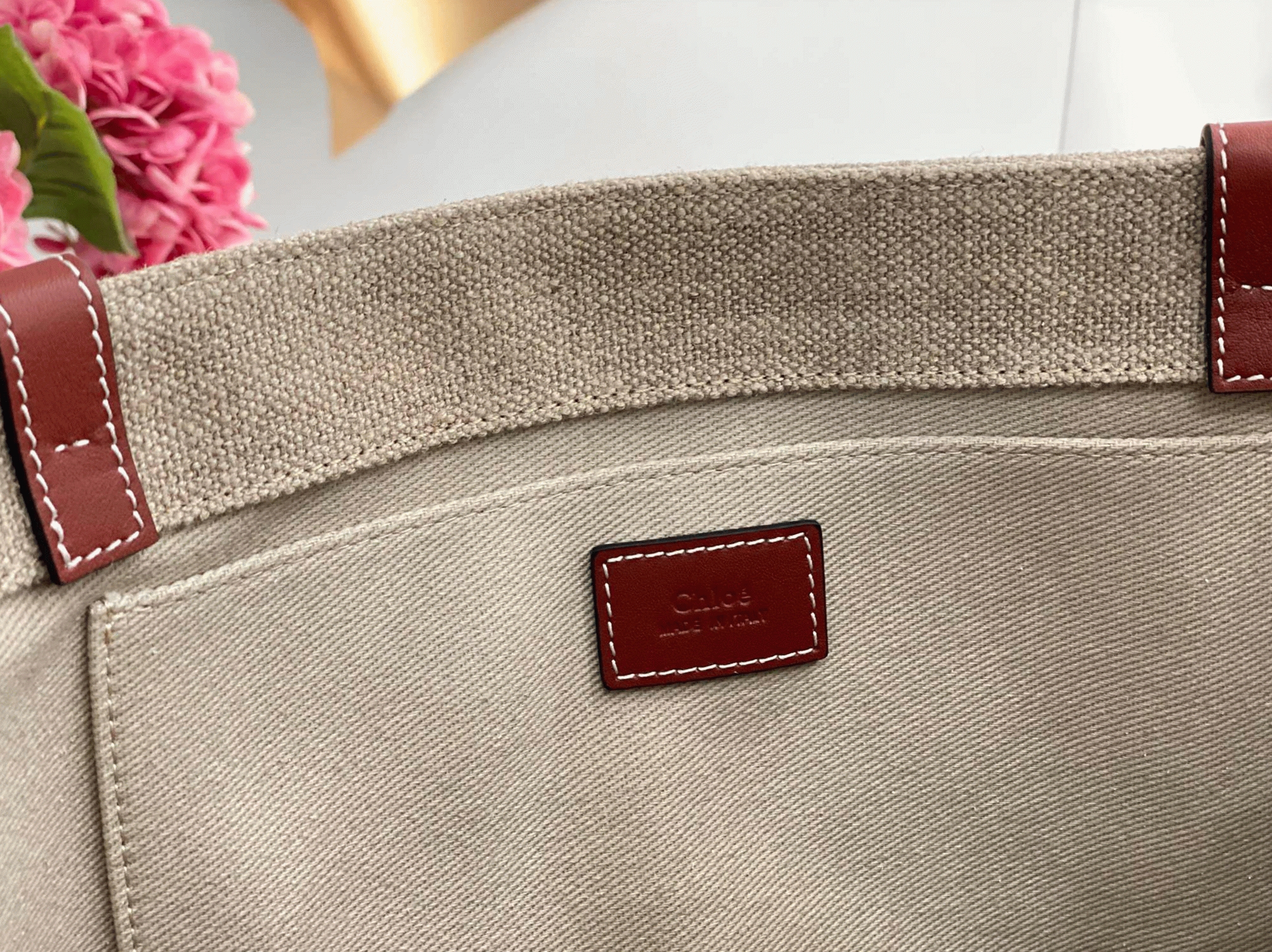 Top Quality Fake Chloe Medium Woody Tote Bag in Canvas with Tan Leather Strips