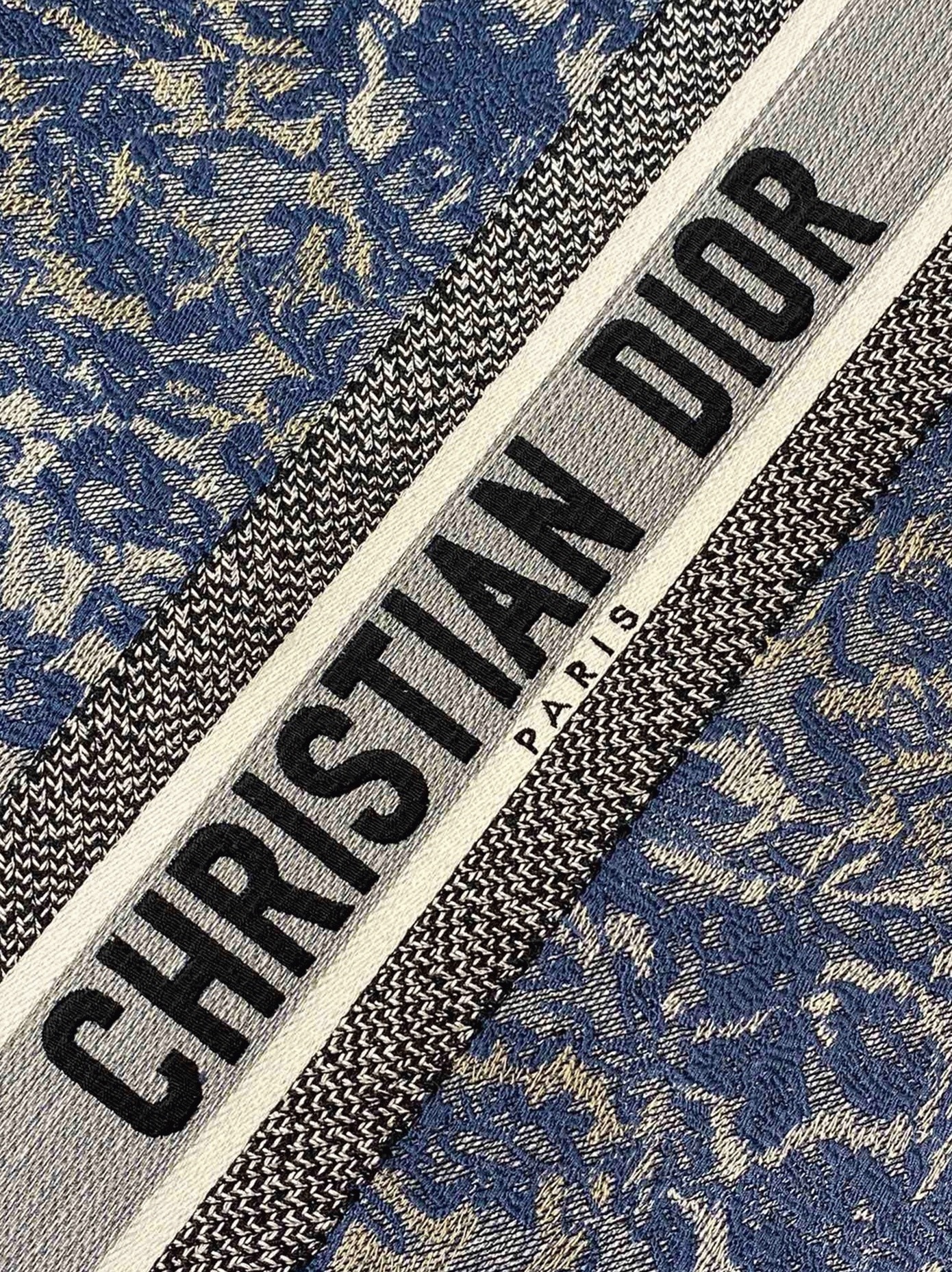 D10r Large Book Tote Bag Replica in Blue Brocart Denim-Effect Embroidery