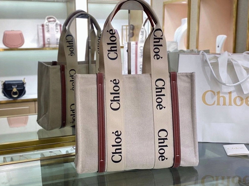Top Quality Faux Chloe Medium Woody Tote Bag in Canvas with Brown Leather Strips