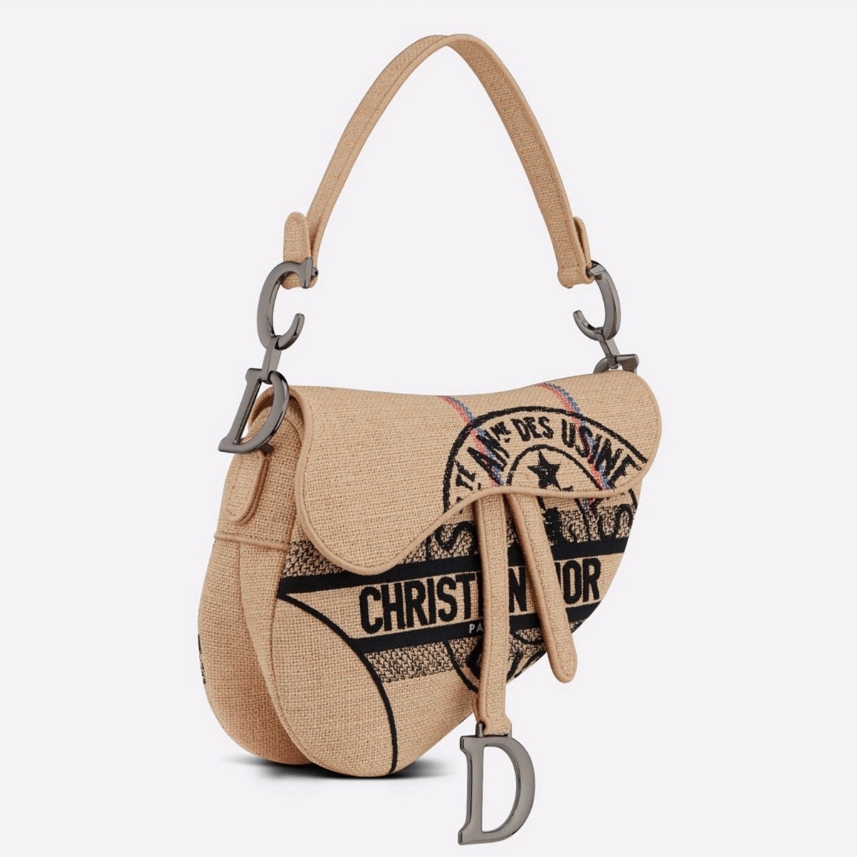 D10r Saddle Bag Knockoff in Beige Jute Canvas with D10r Union Motif