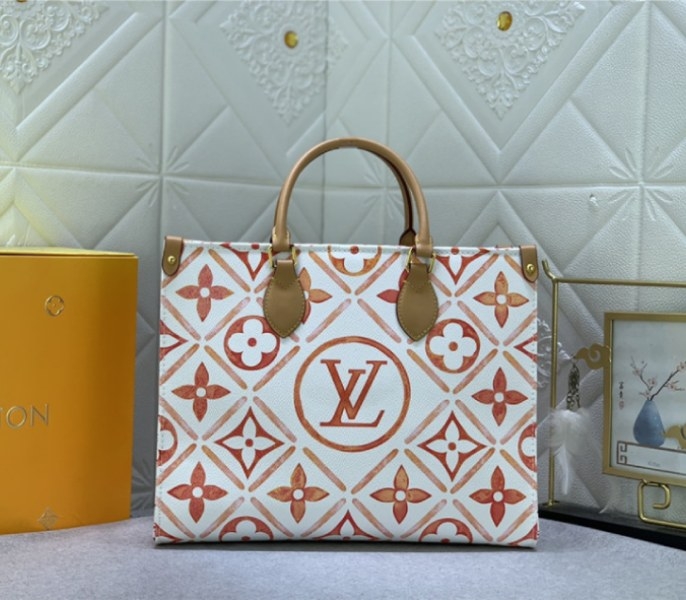 L0vis Vvtt0n LV By The Pool Monogram Tiles Canvas Onthego MM Tote In Coral